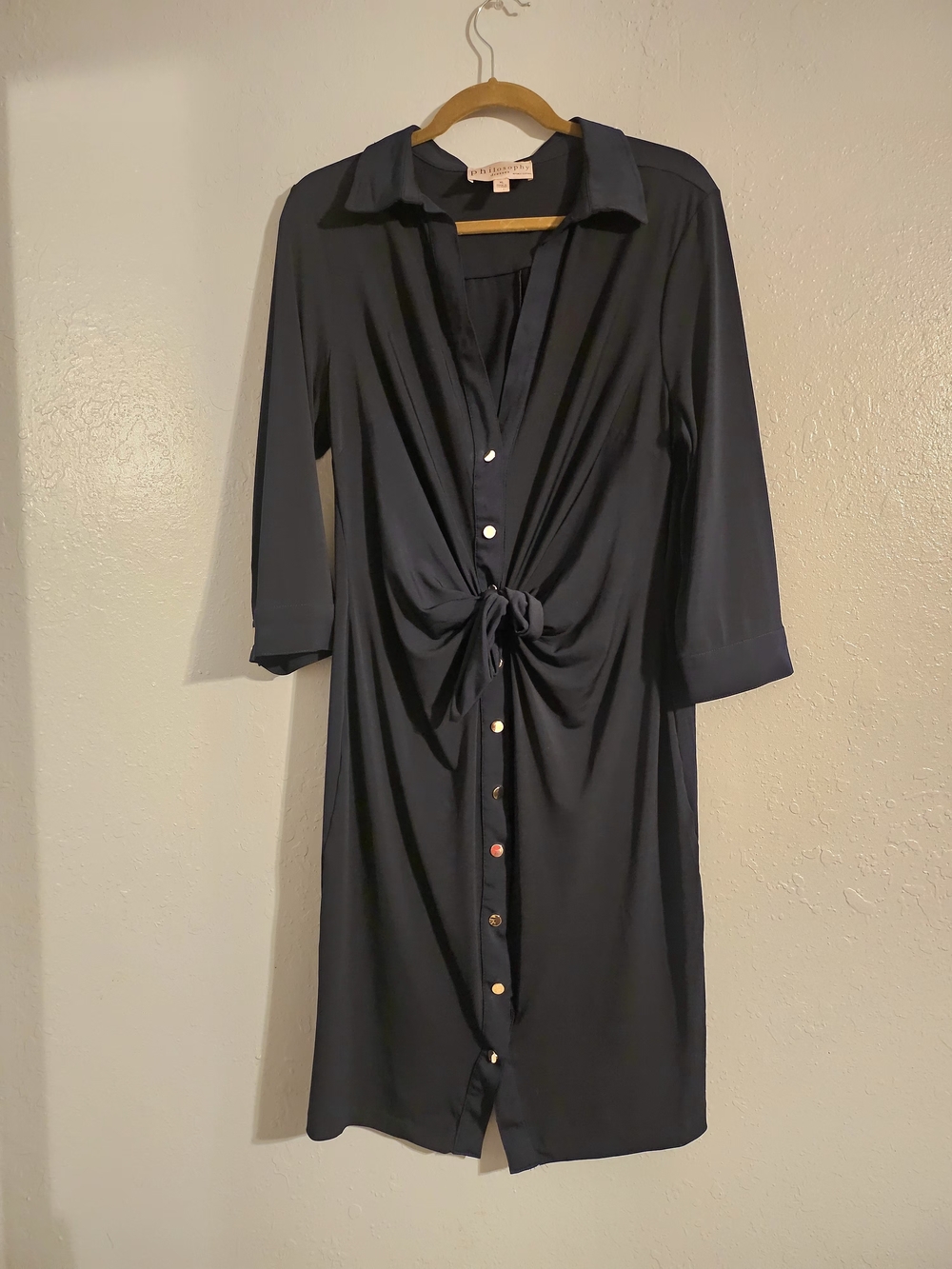 Philosophy Navy Button-Front Tie-Waist Long Sleeve Dress